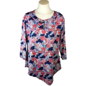 Blue Mood Blue Red Paisley Asymmetrical 3/4 Slv Blouse Sz Lg